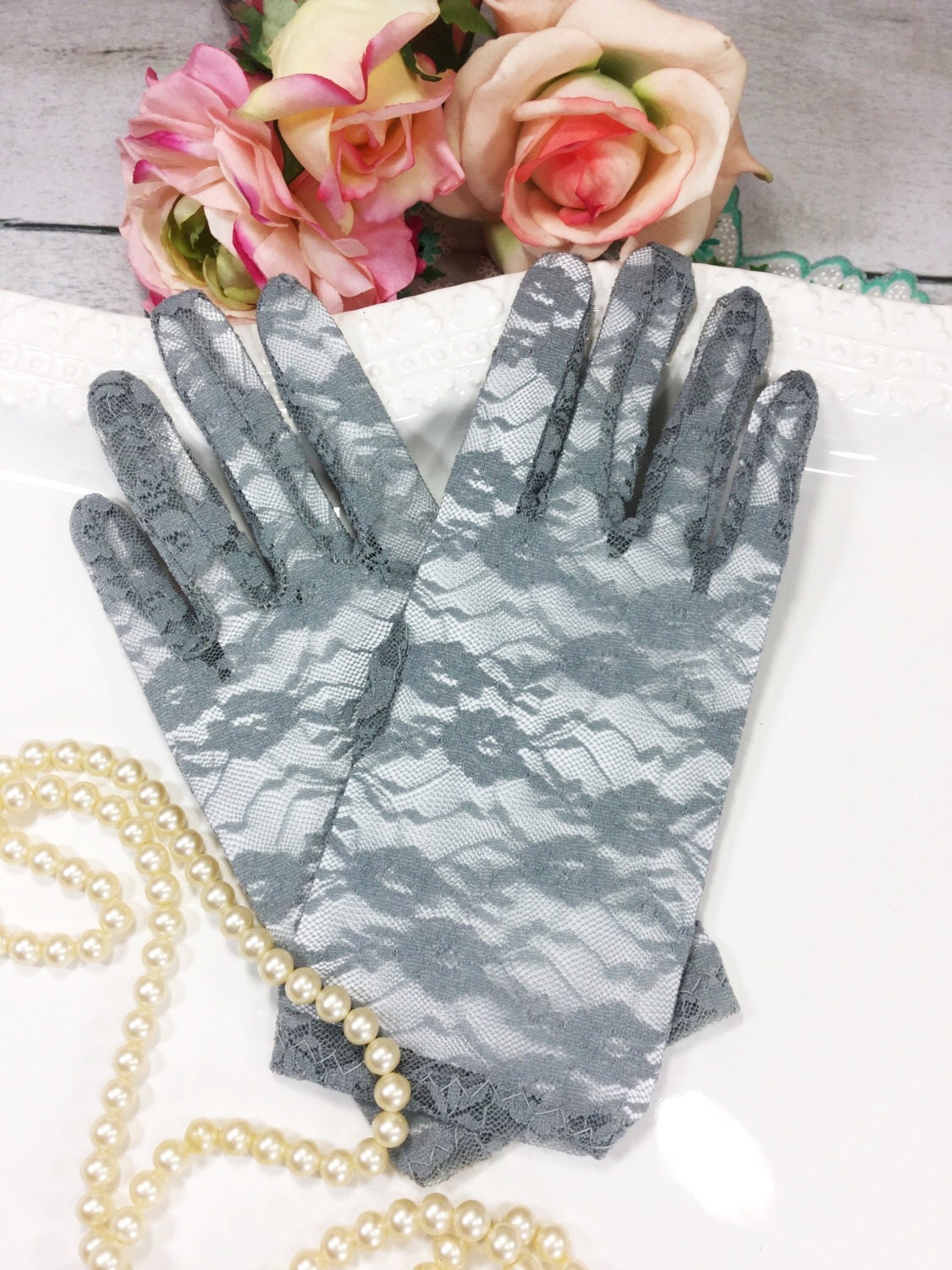 Grey Lace Ladies Wrist Length Gloves Perfect for Wedding, Tea Party, Showers, Gift