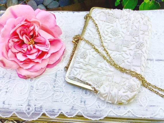 Vintage Ivory Beaded Evening Bag, Ivory Beaded Ha… - image 2