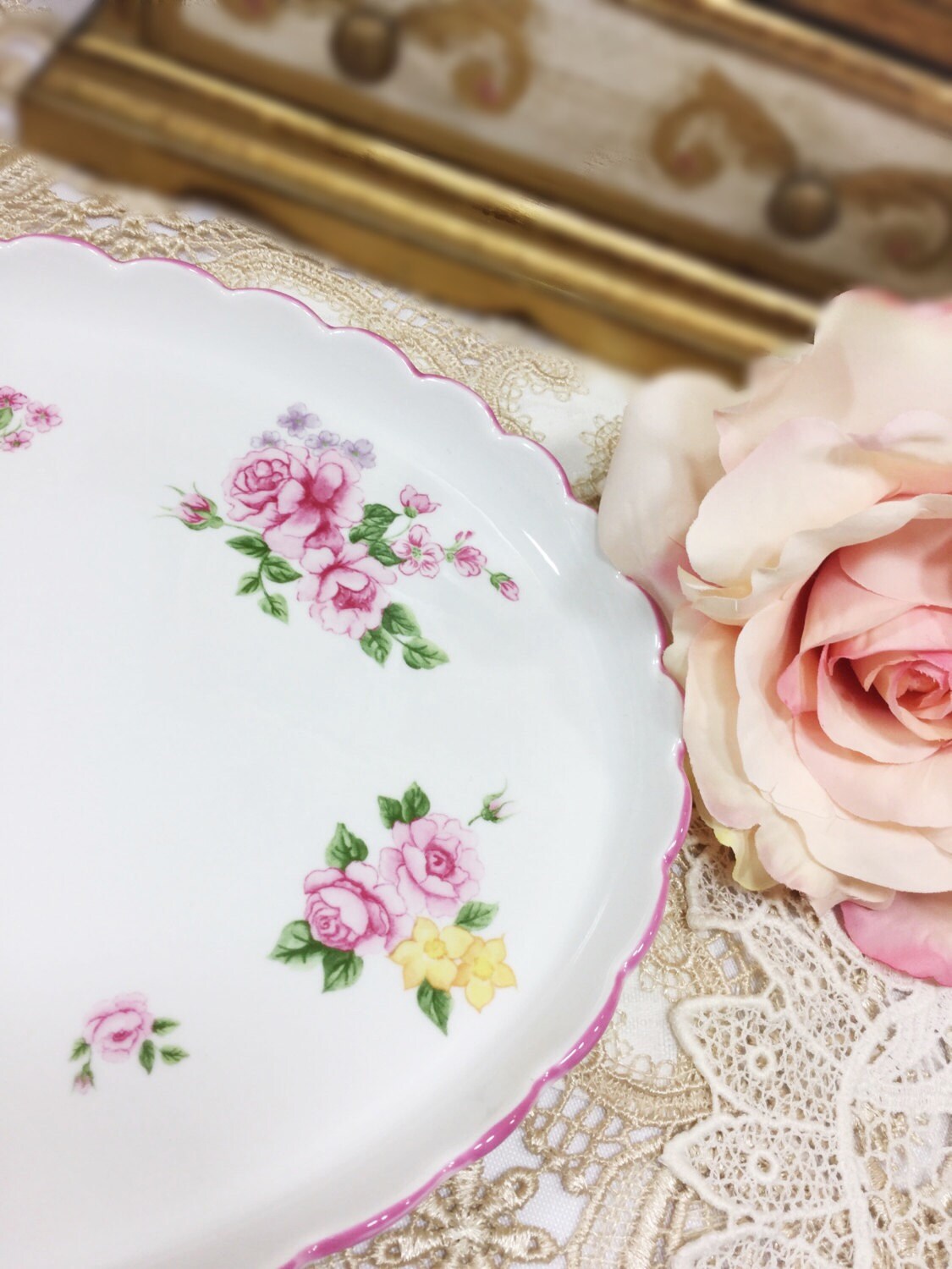 Antique Handpainted Rose Floral Ceramic Vanity Tray, Platter, Pink Rose Floral Serving Tray For