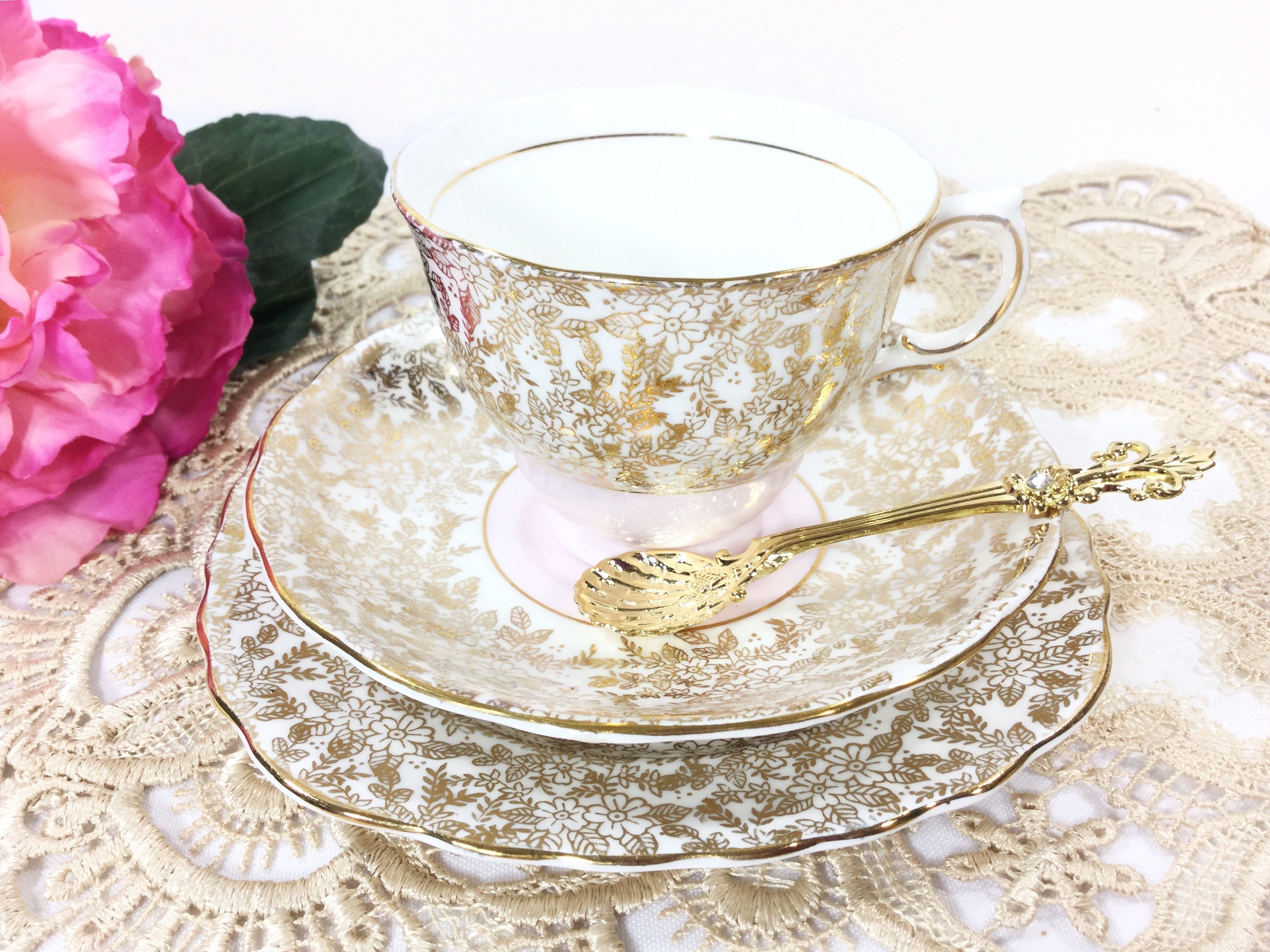 Colclough Pink Tea Set, Pink & Gold Tea Trio, English Bone China Tea