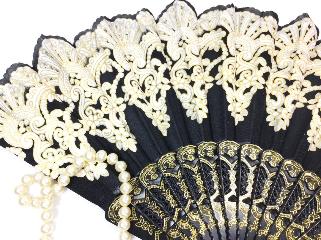 Black & Gold Spanish Floral Folding Fan, Black Gold Hand Fan for