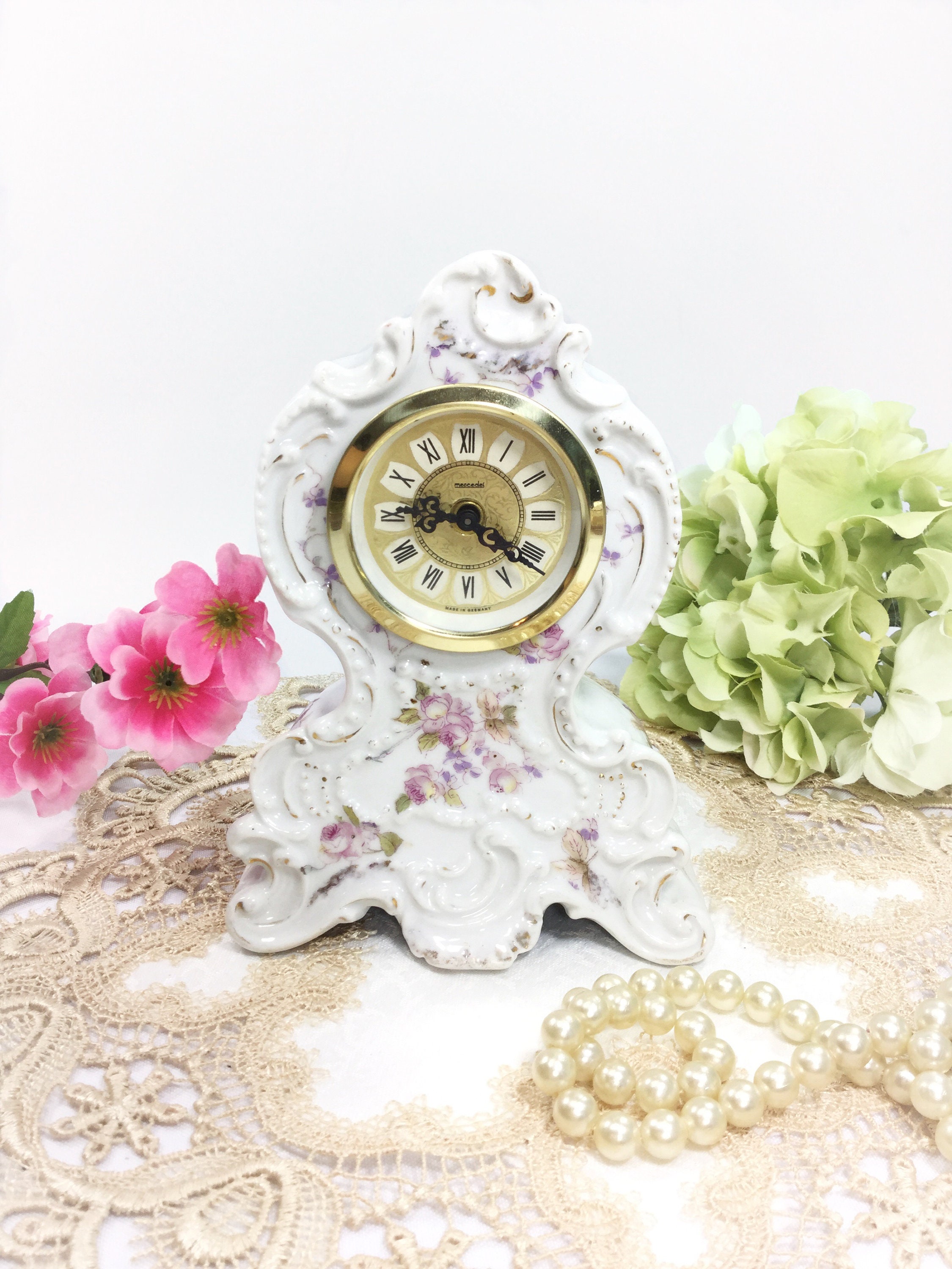 Porcelain Mercedes Movement Mantle Wind Up Clock West Germany, Mercedes