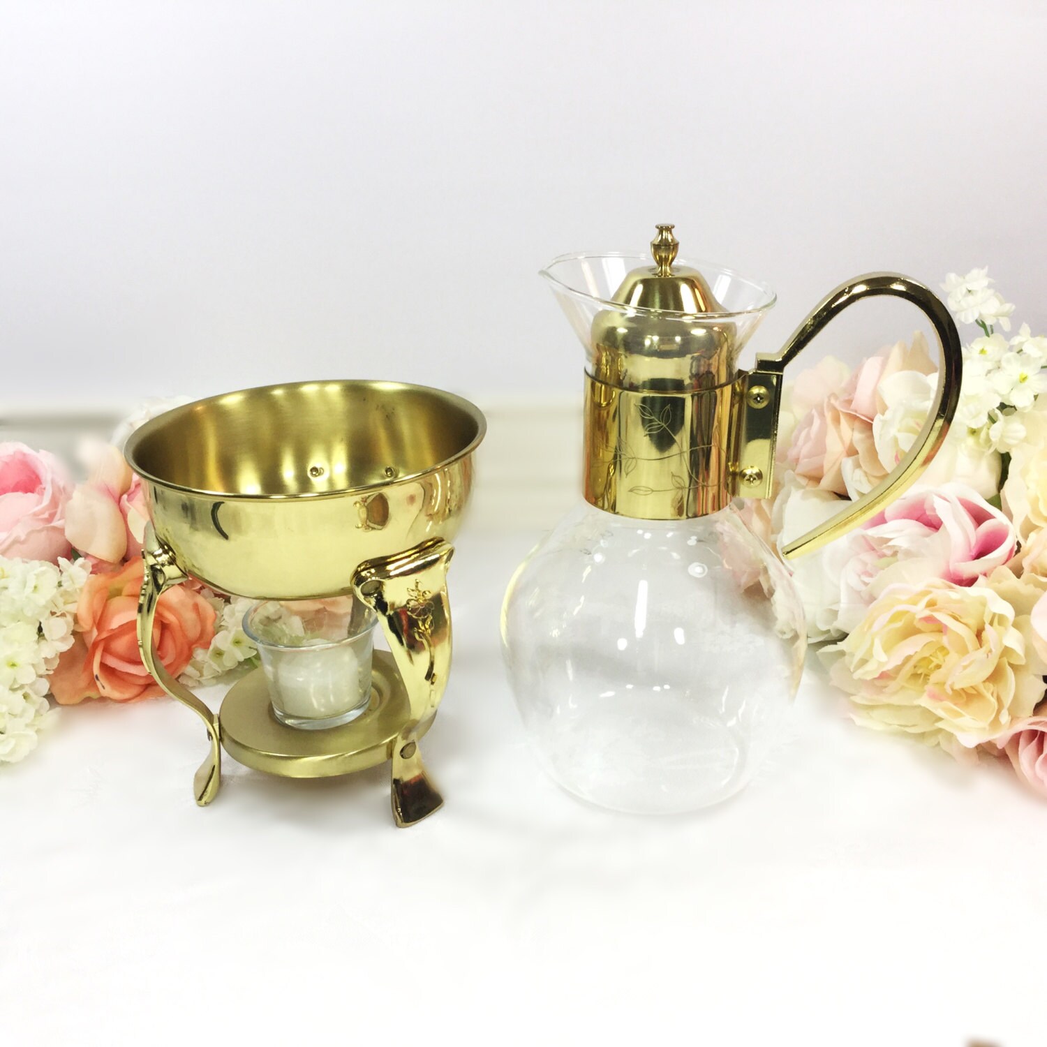 Vintage Gold Glass Coffee Carafe Warmer, Tea Glass Carafe Warmer