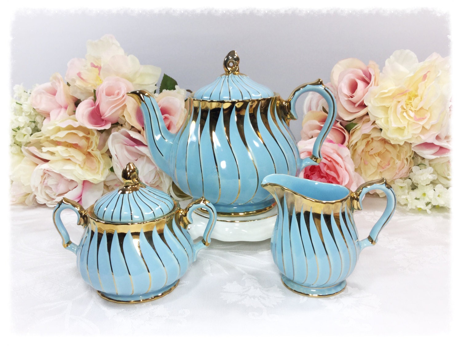 RESERVED Blue and Gold Sadler 3 Piece Teapot, Creamer & Sugar Bowl for