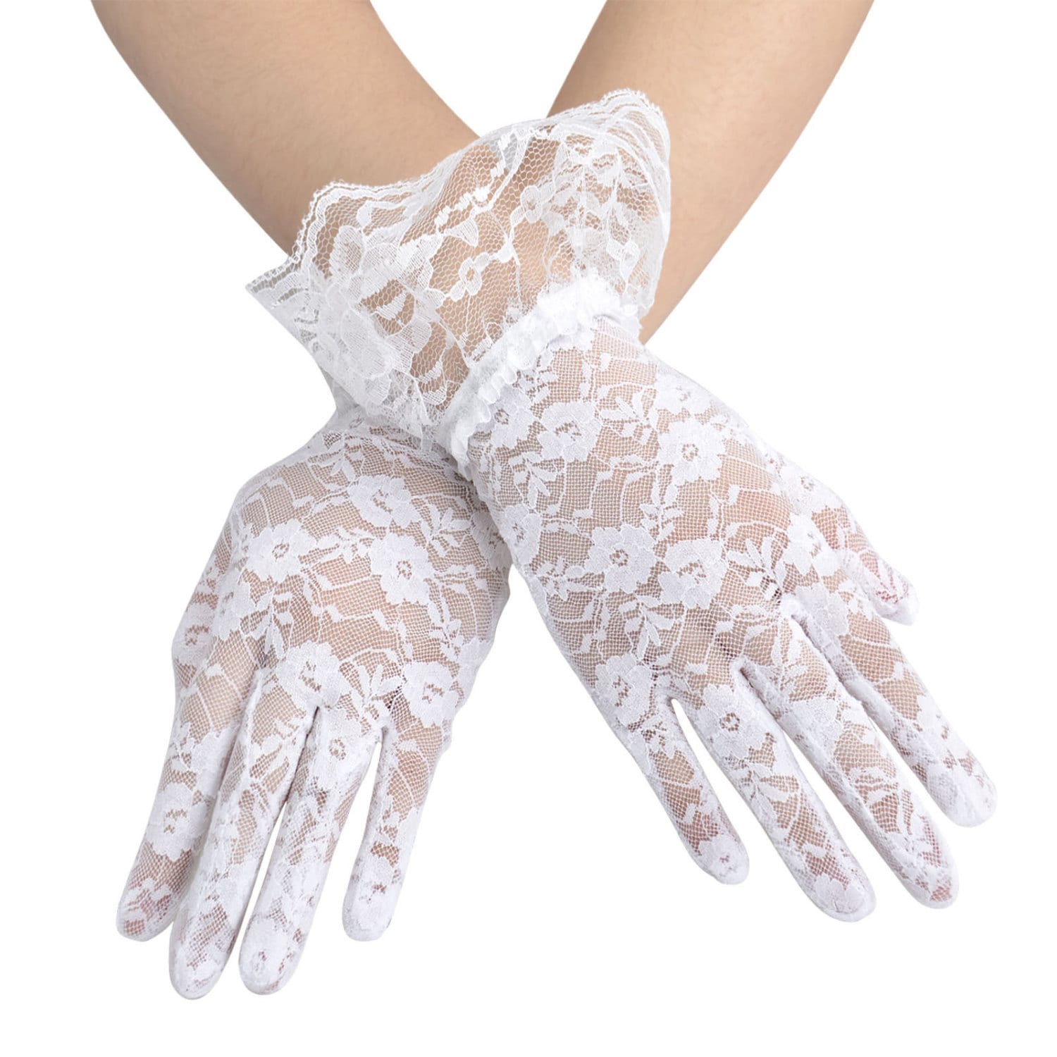 Elegant White Lace Ladies Above Wrist Length Gloves W/ Lace Ruffle ...