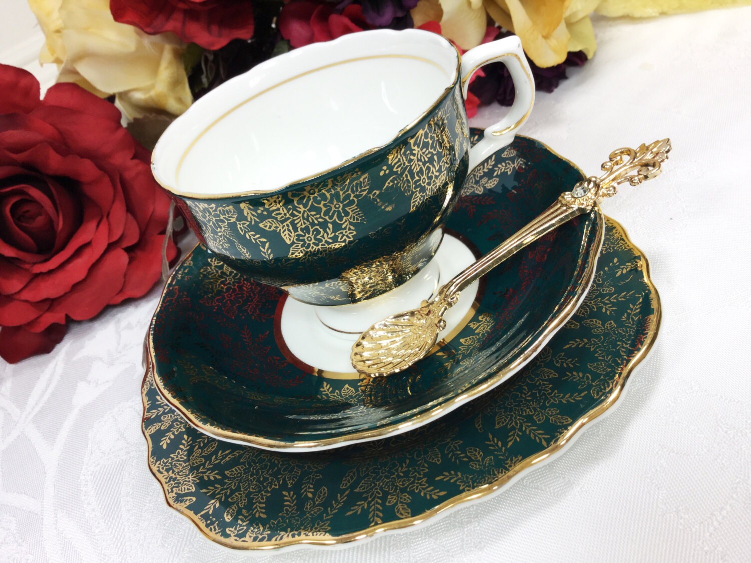 Colclough Gold Chintz Bone China English Tea Trio, Bone China English