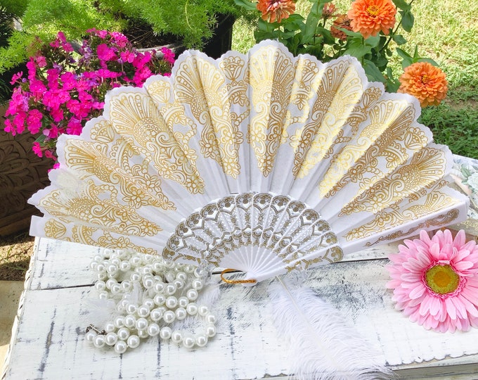 White & Gold Spanish Floral Folding Fan For Weddings, Dress up, Bridal Shower, Tea Party, Tea Time, Church #B681