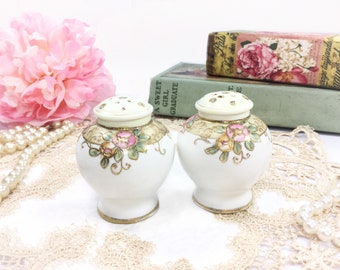 Antique Japan Nippon Moriage Salt Pepper Shakers Gold Gilt, Formal Silver Salt and Pepper Shaker Formal Dinner #B386