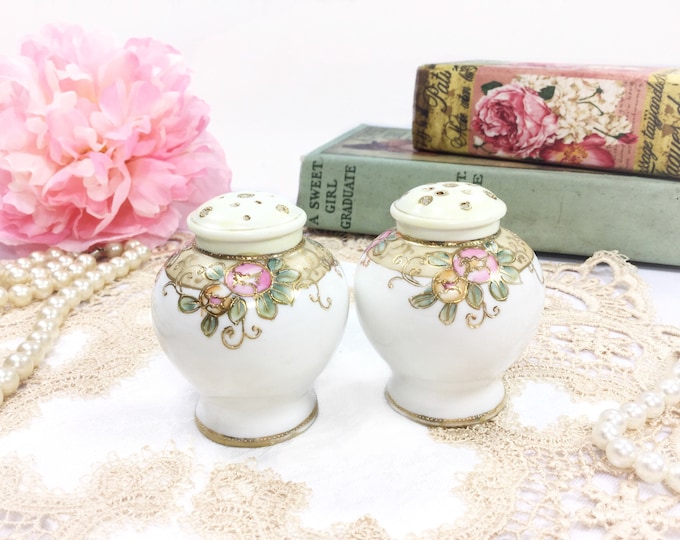 Vintage Nippon Moriage Salt and Pepper Shakers, Gold Gilt Floral Decor #B386