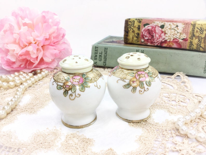 Romantic Setting #B386 Antique Japan Nippon Moriage Salt Pepper Shakers Gold Gilt Formal Silver Salt and Pepper Shaker Formal Dinner
