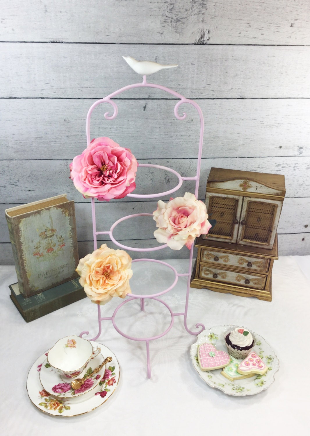 SALE Bird Pink Large 4 Tier Metal Tea Cup Display Stand, Teacup