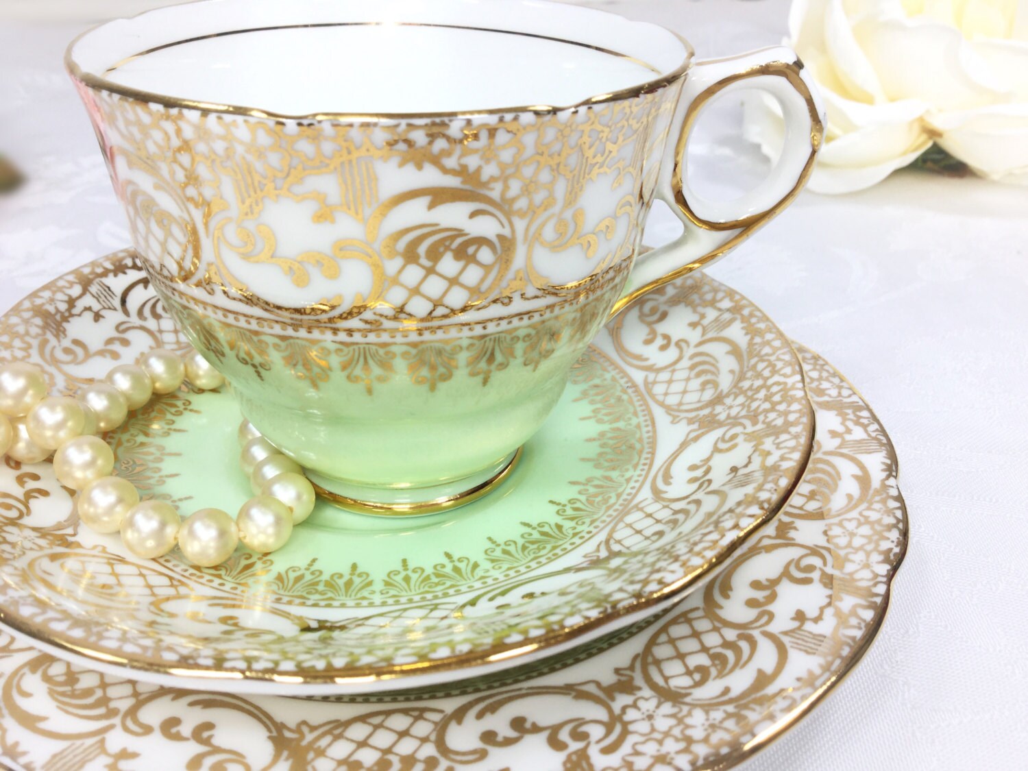 Mint Green Royal Stafford English Tea Trio, Gold Lace Bone China