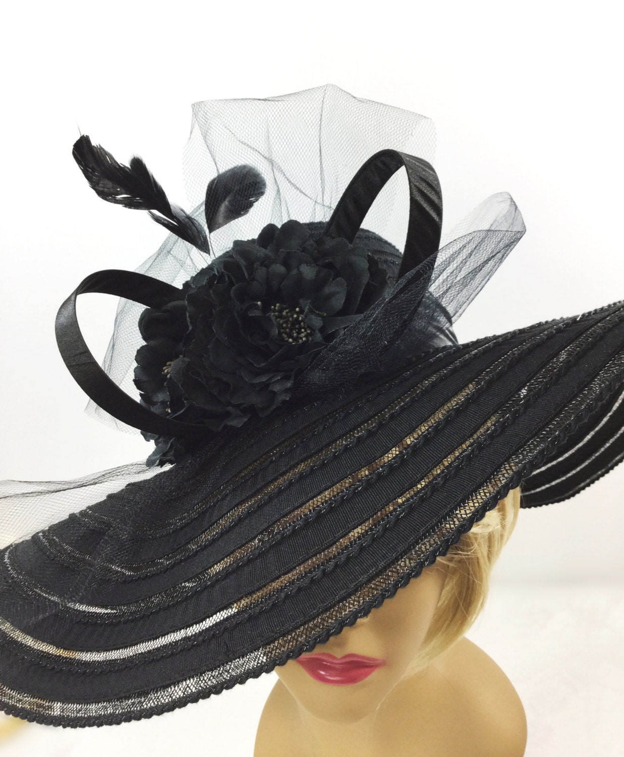 Black Tea Party Hat, Summer Hat, Dress Up Hat, Headpiece For