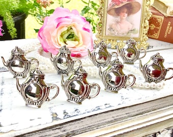 Vintage Set of 8 Silver Teapot Napkin Rings, Tea Party Decor #B771
