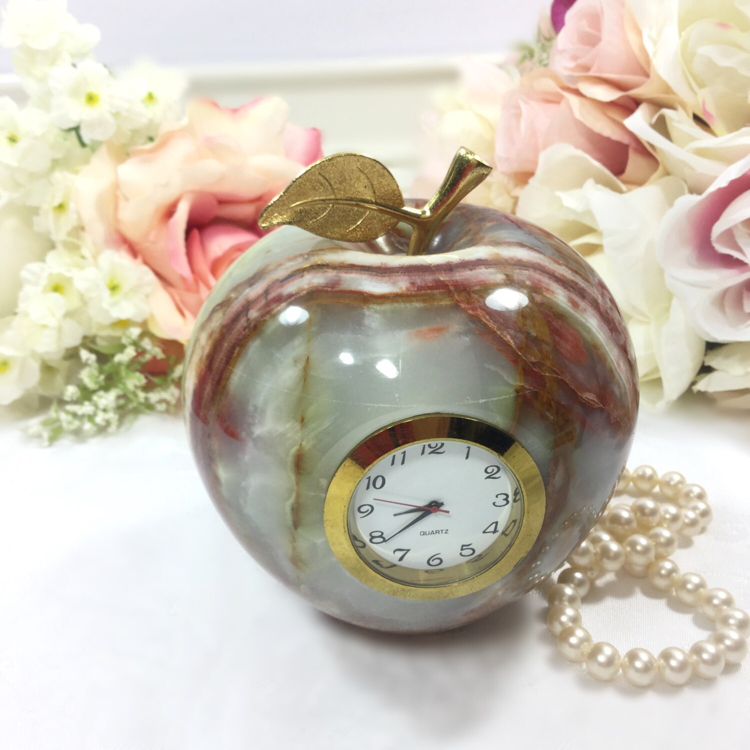 Vintage Marble Apple Clock, Marble Quartz Clock, Teachers Gift, Apple