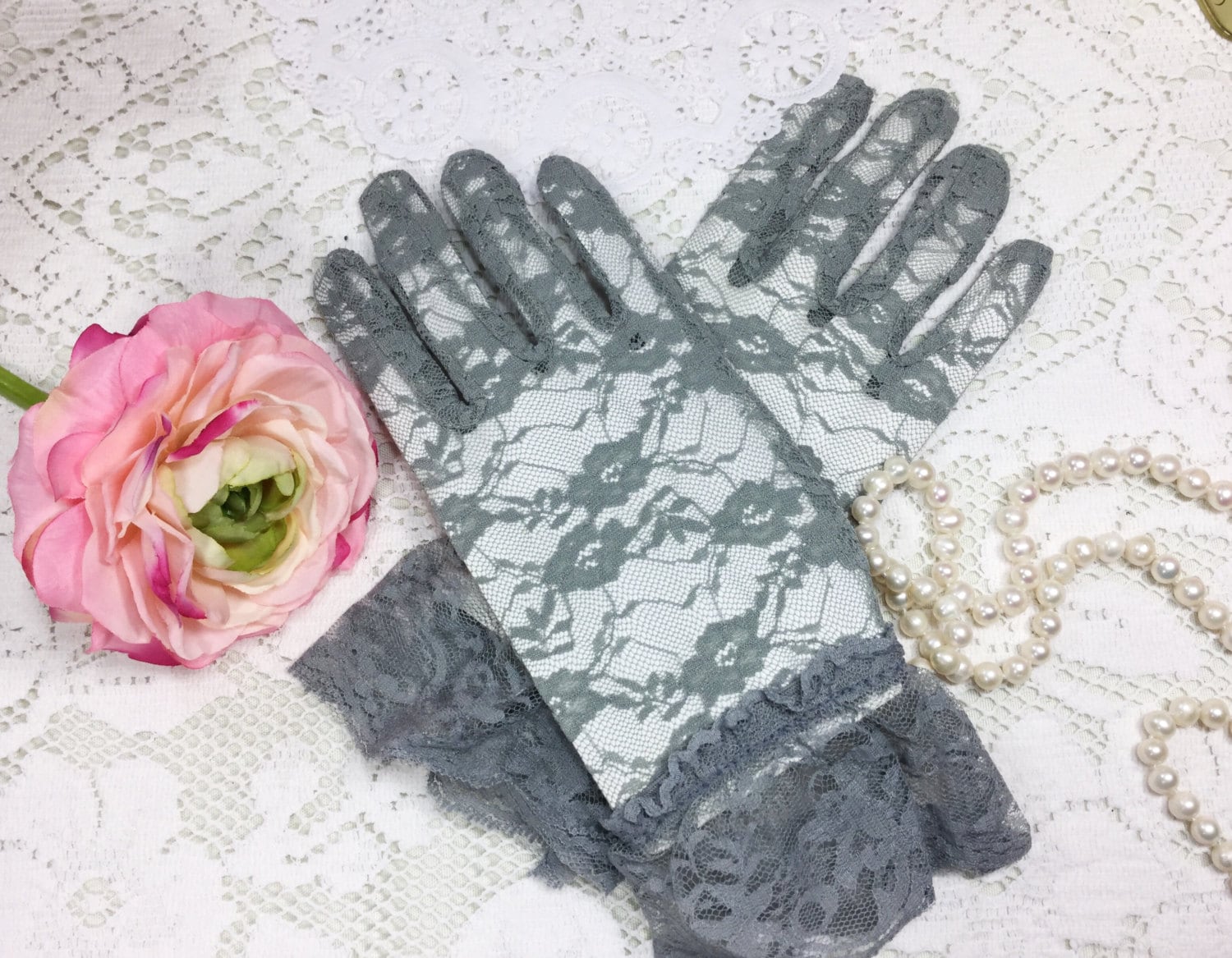 Charming Grey Lace Ladies Above Wrist Length Gloves W/ Lace Ruffle