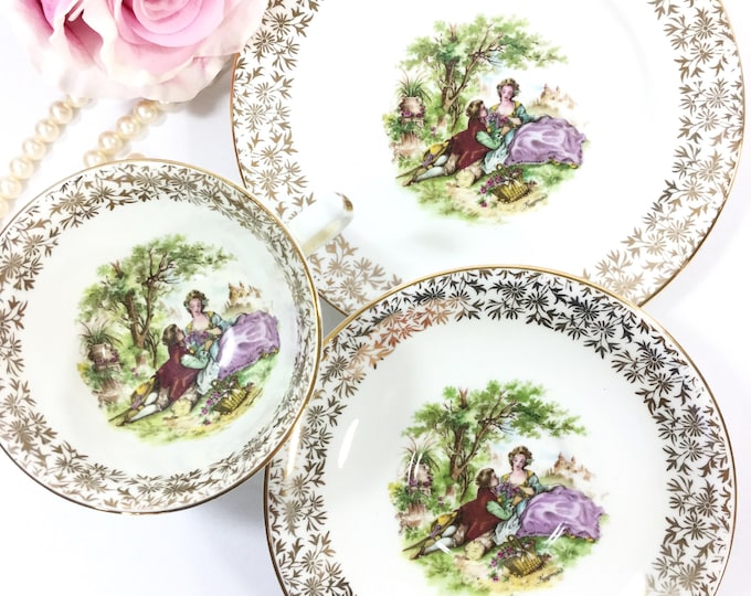 Fragonard English Bone China Trio Tea Set, Courting Couple Cup, Saucer, Plate for Tea Set Tea Party, Wedding #B007