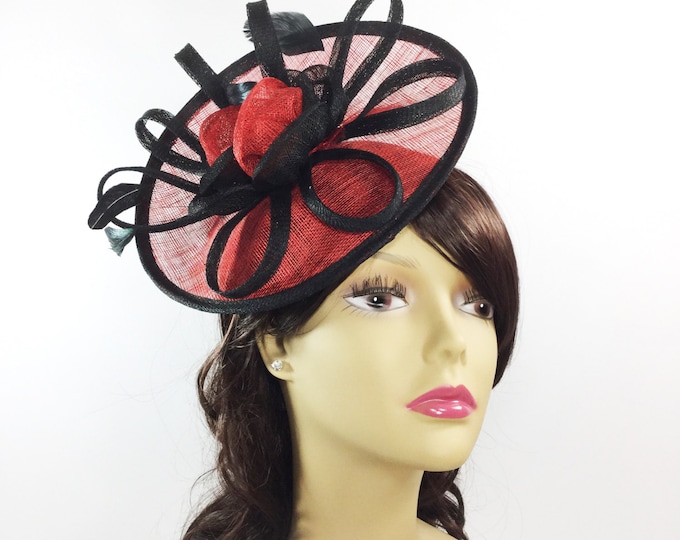 Red Black Sinamay Fascinator Hat, Feather Accents, Hair Band Headpiece #A147