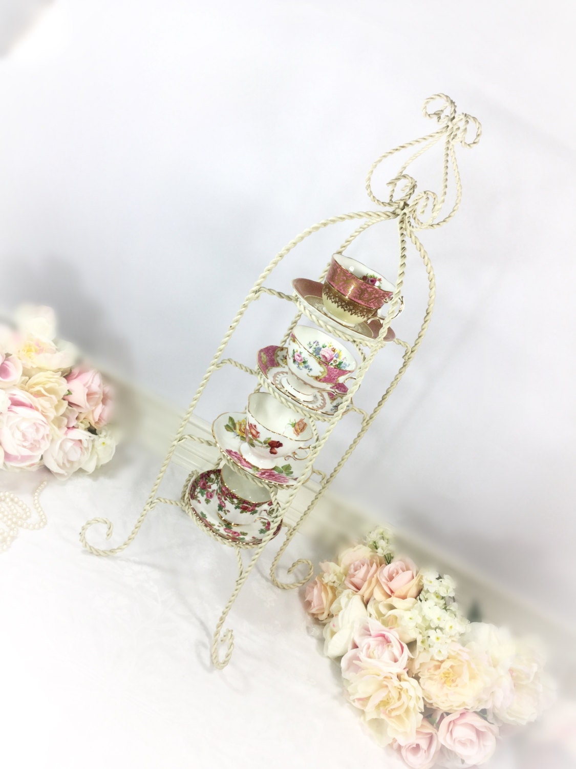 Xl 4 Tier Twisted Metal Shabby Chic Tea Cup And Saucer Display