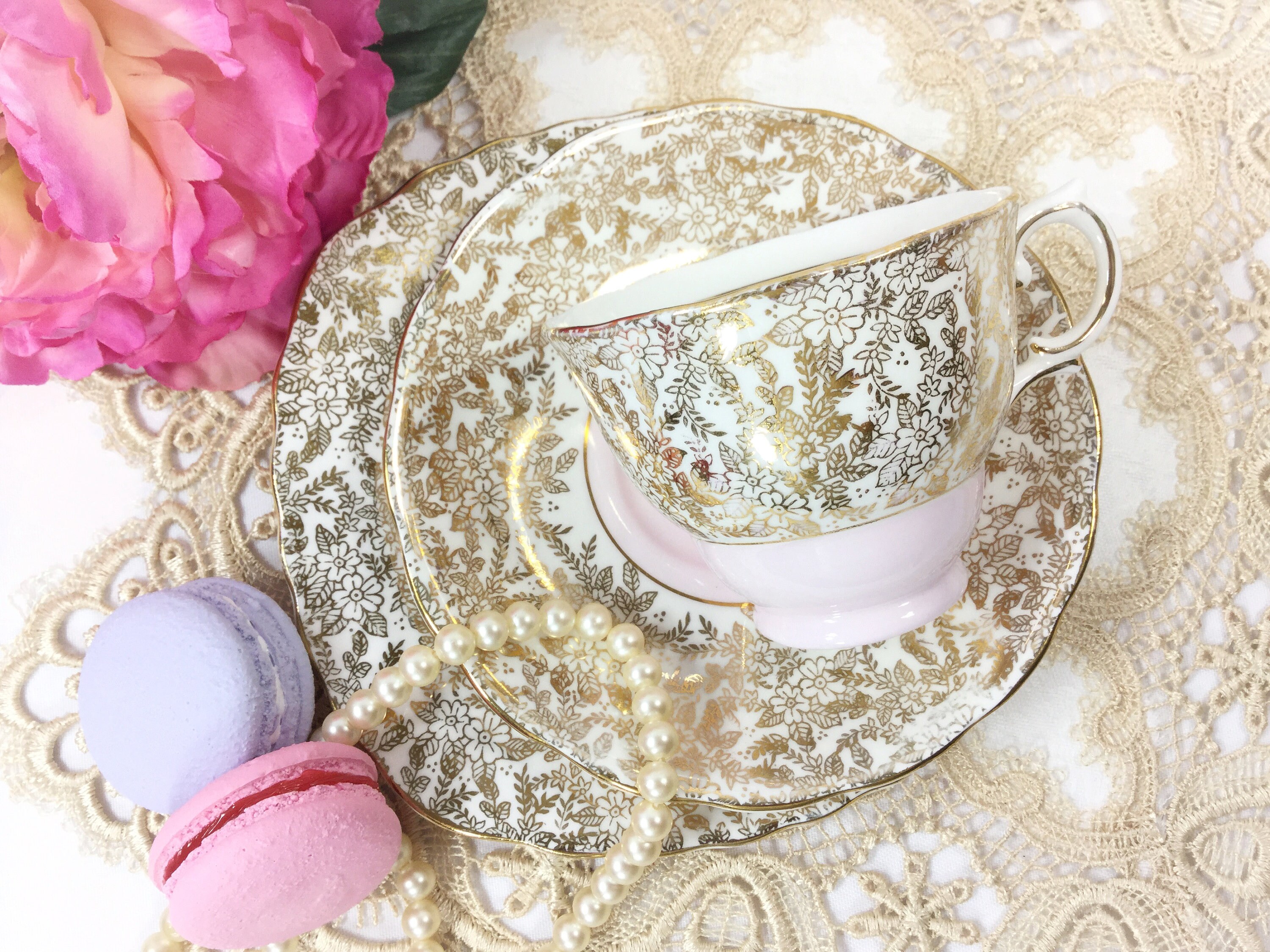 Colclough Pink Tea Set, Pink & Gold Tea Trio, English Bone China Tea
