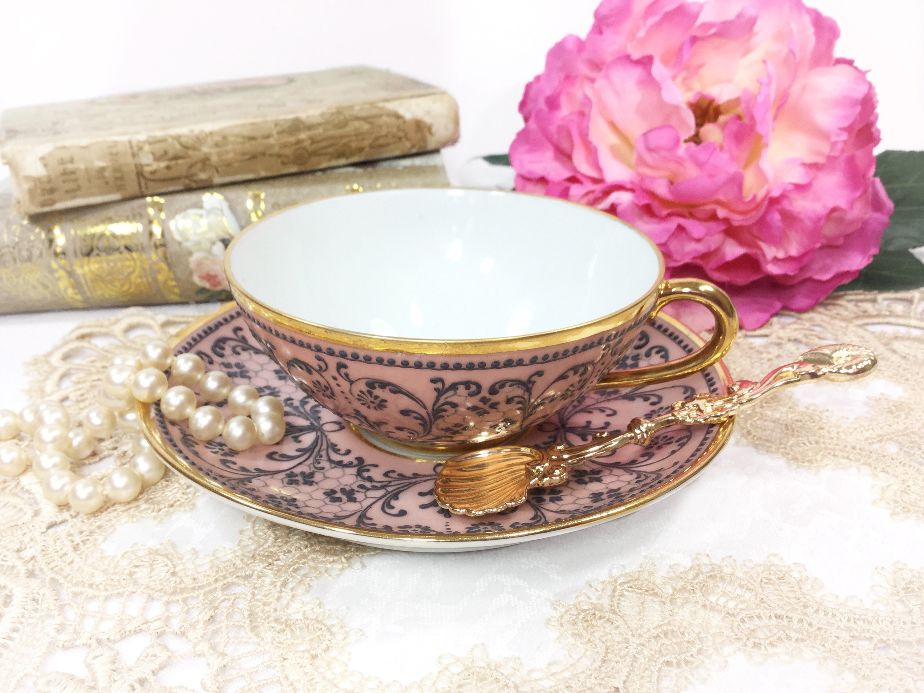 Hand Painted French Tea Cup & Saucer, French Tea Set for Wedding Shower