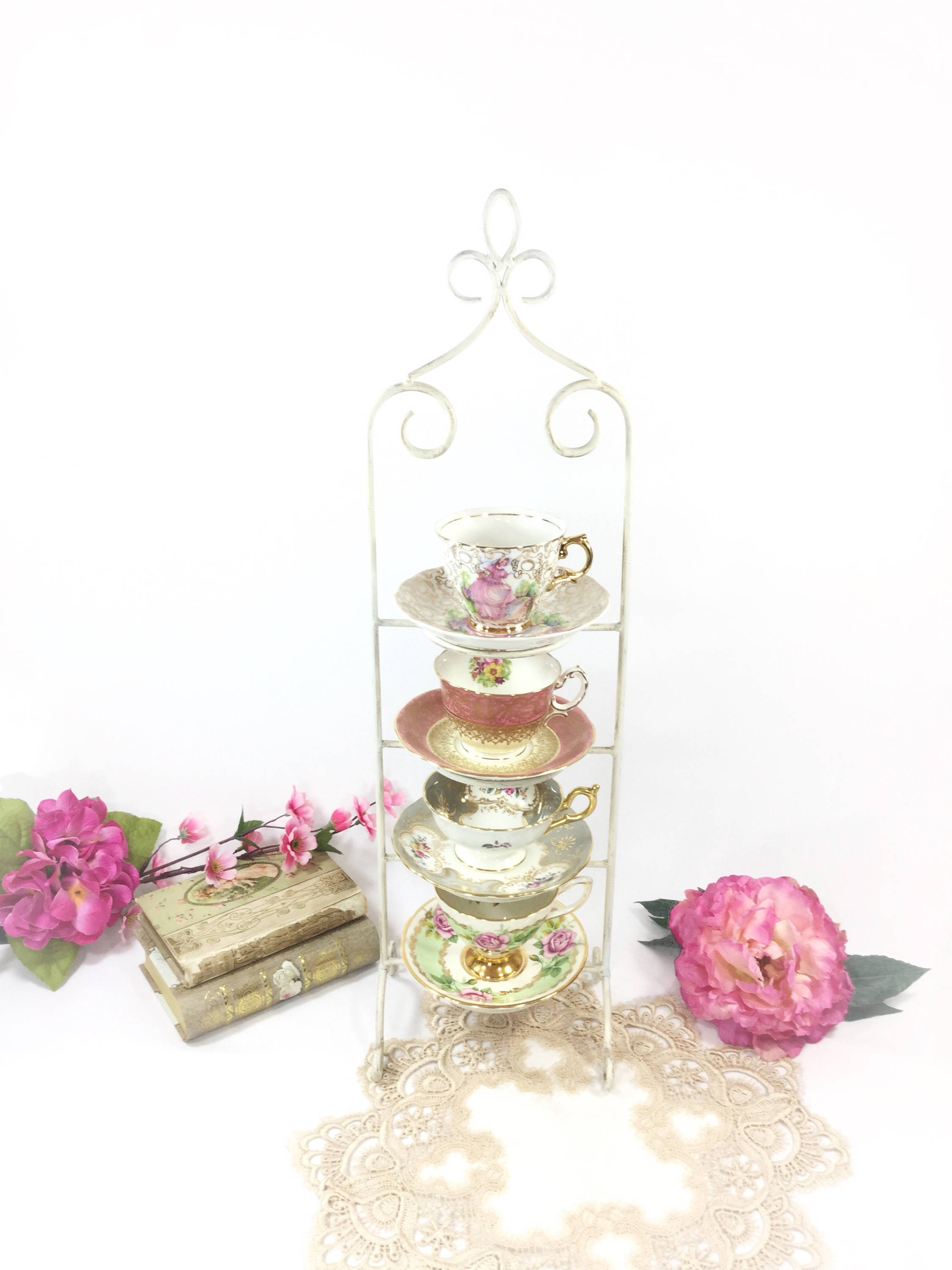 Antique White 4 Tier Metal Vintage Tea Cup and Saucer Display Stand