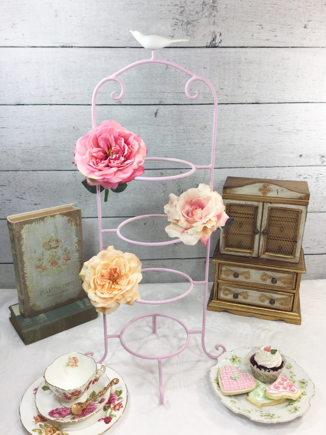 SALE Bird Pink Large 4 Tier Metal Tea Cup Display Stand, Teacup