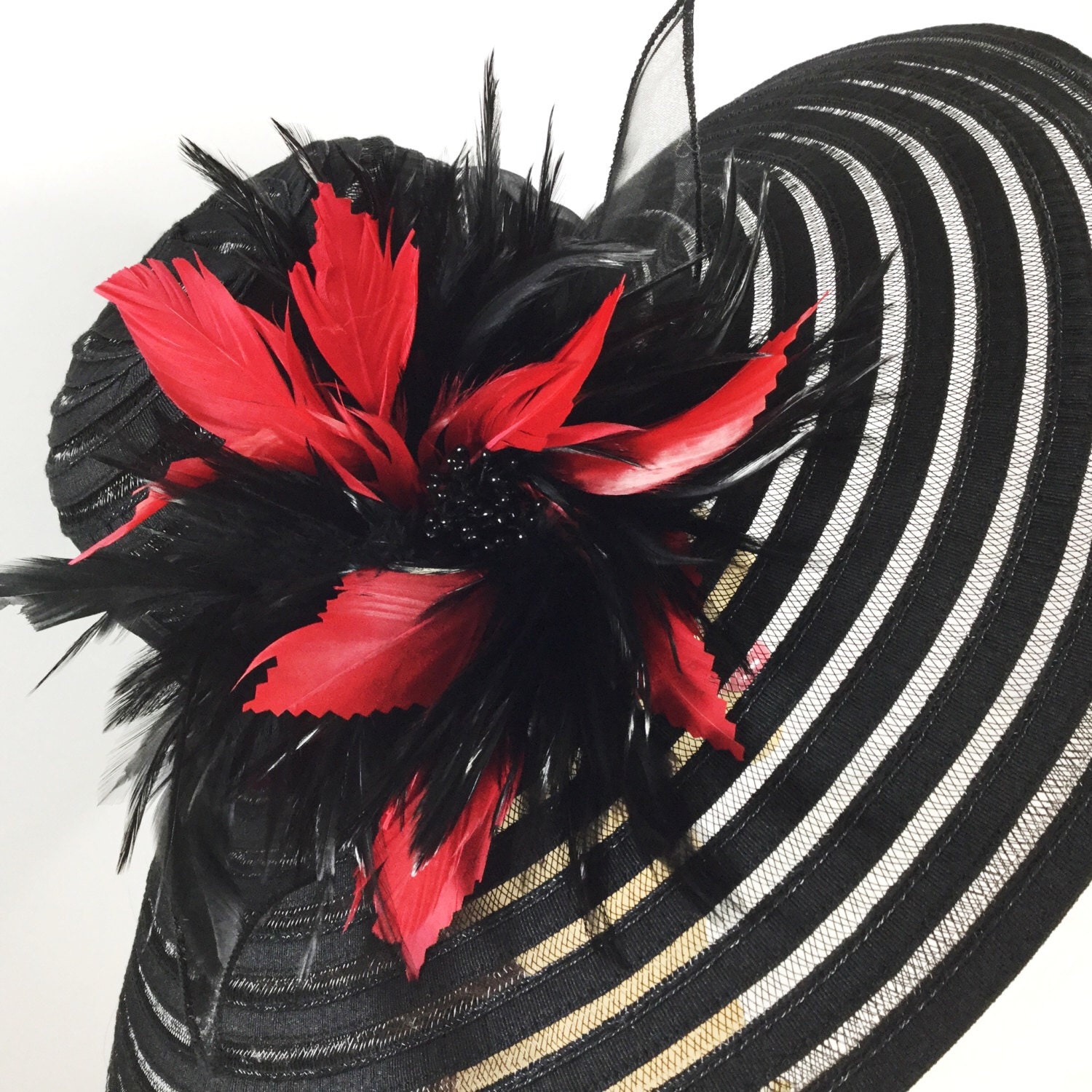 Stunning Red & Black Tea Party Hat, Summer Hat, Dress Up Hat, Headpiece For Weddings, Dress up