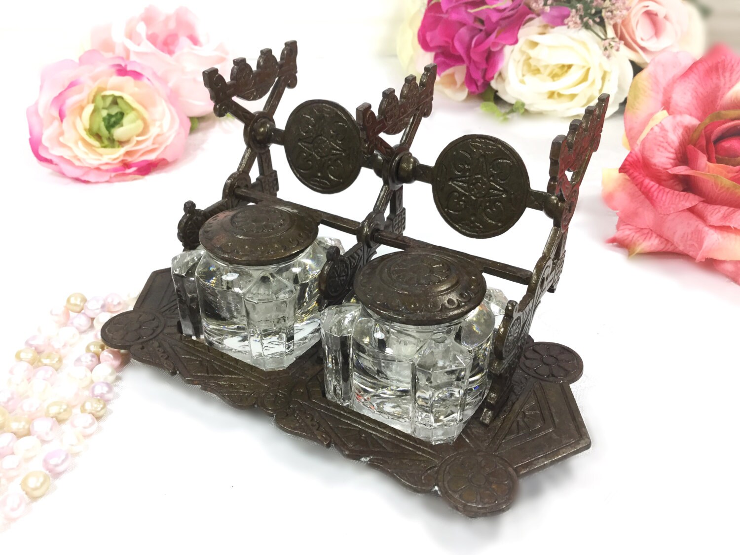 Antique Judd Cast Iron Double Inkwell Set 1879 Judd Cast Iron