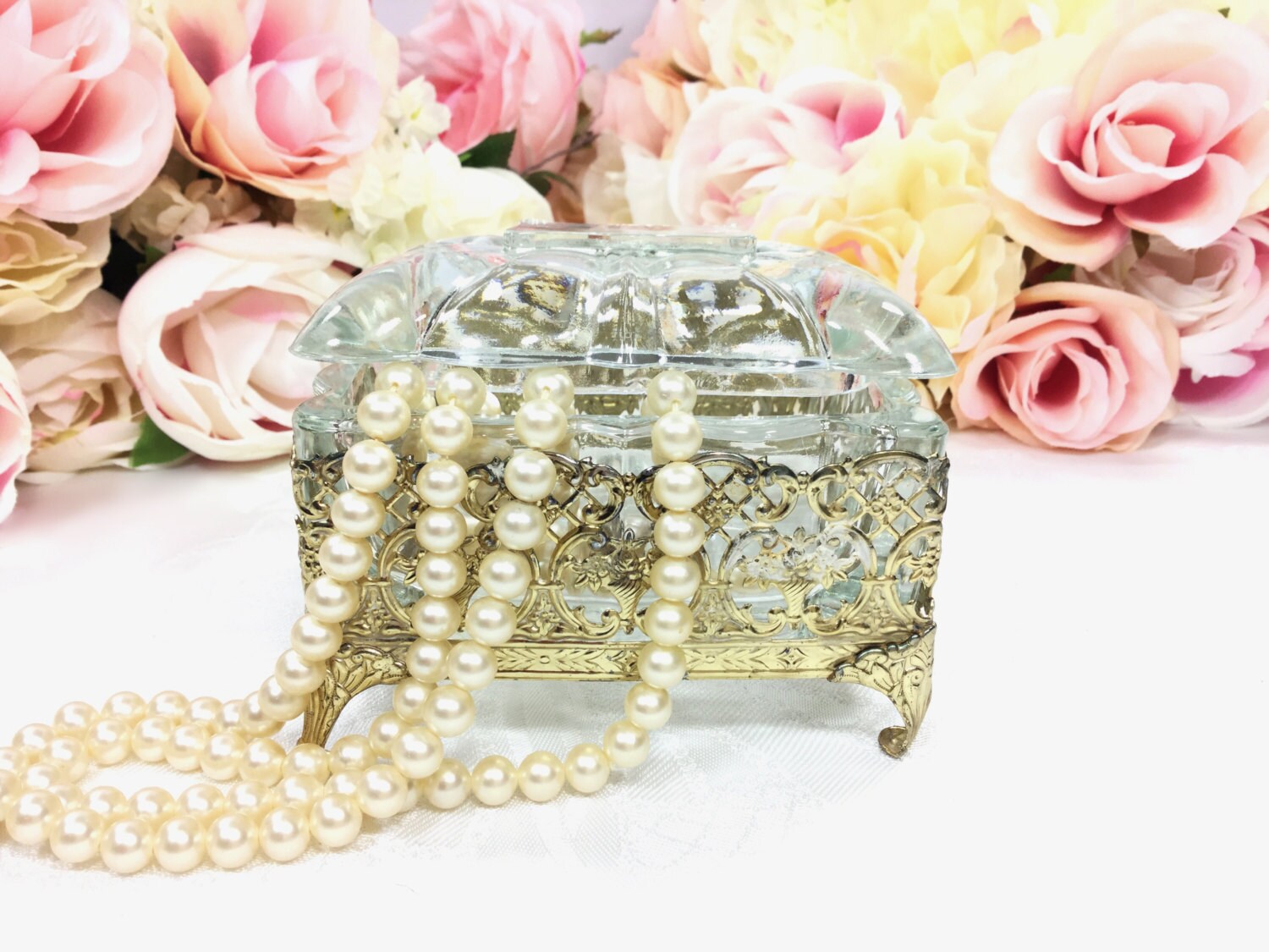 Gold Filigree Vanity Trinket Box For Vintage Vanity Dresser Tray