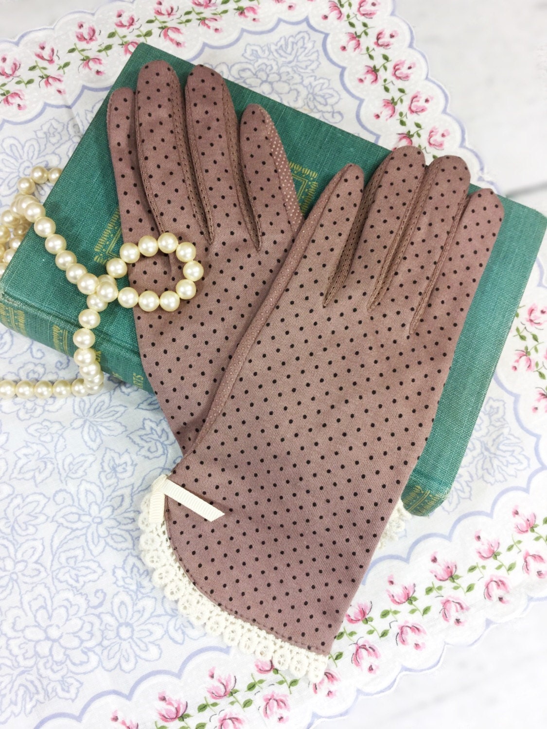 Ladies Mauve Black Polka Dot Wrist Length Gloves Perfect for Wedding, Tea Party, Showers, Gift