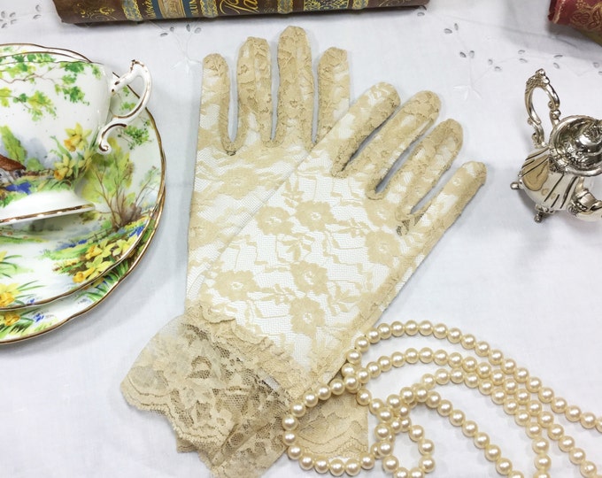 Beige Lace Glove with Ruffle, Beige Lace Ladies Above Wrist Length Gloves W/ Lace Ruffle Perfect for Wedding, Tea Party, Bridal Showers