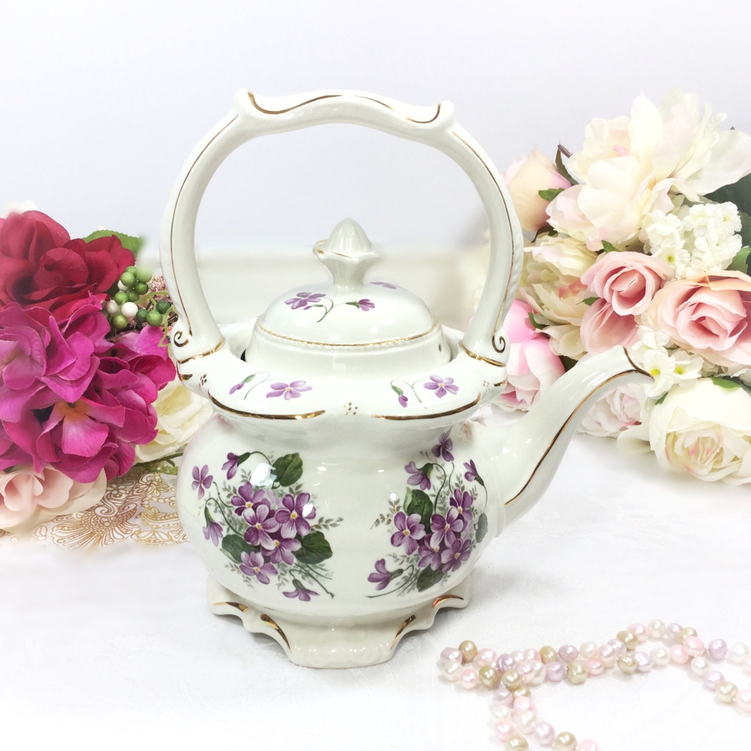 Crown Dorset Full Sized Purple Lilac Teapot W/ Top Handle. Purple Lilac