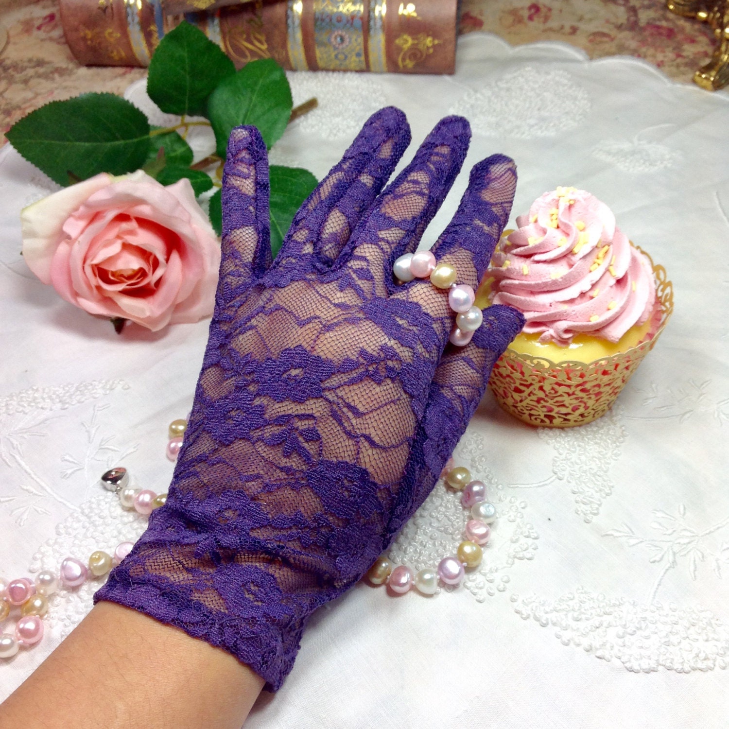 Enchanting Purple Lace Ladies Wrist Length Gloves Perfect for