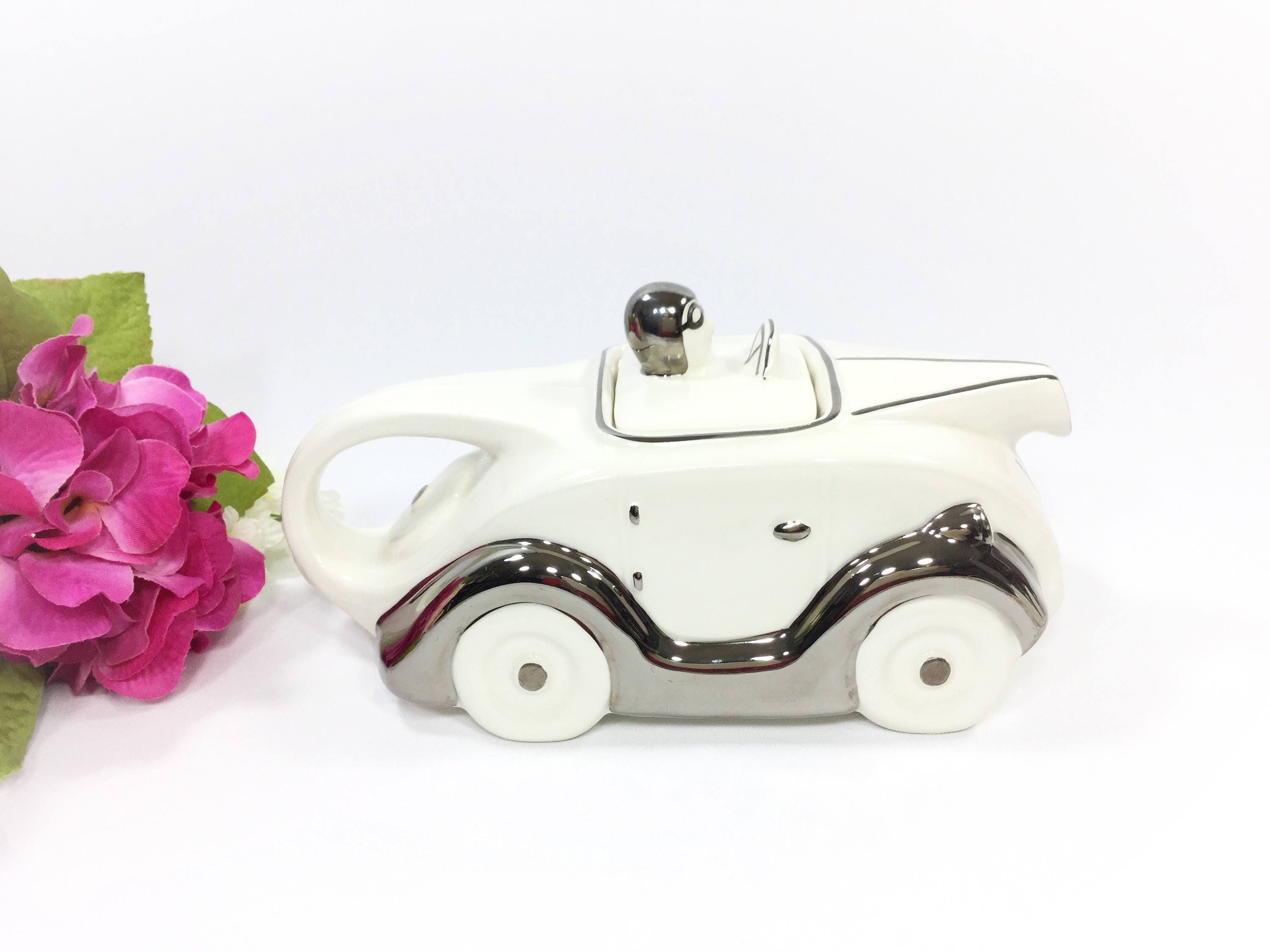 Ecru Racing Car Teapot, Art Deco Car Teapot, Collectible Sarsaparilla