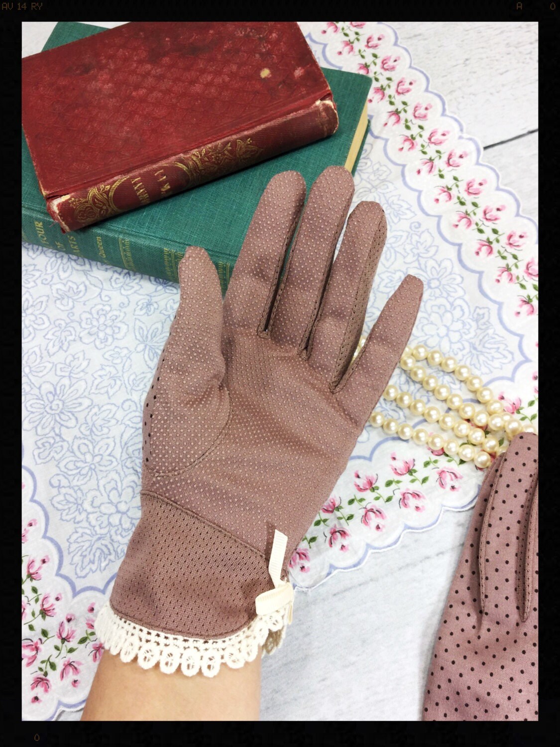 Ladies Mauve Black Polka Dot Wrist Length Gloves Perfect for Wedding, Tea Party, Showers, Gift