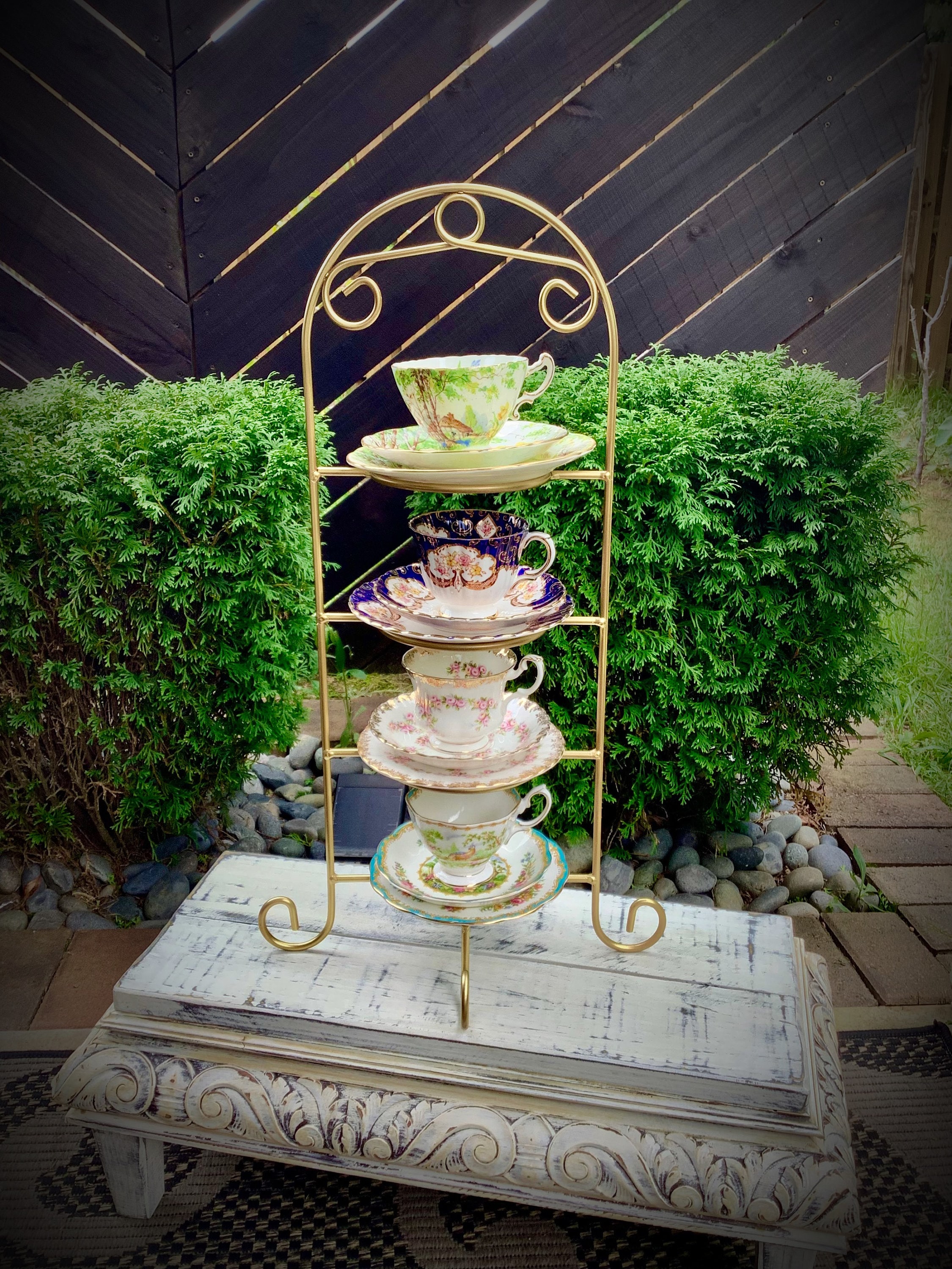 Gold 4 Tier Metal Tea Cup Display Stand, Teacup Display Stand, Tea