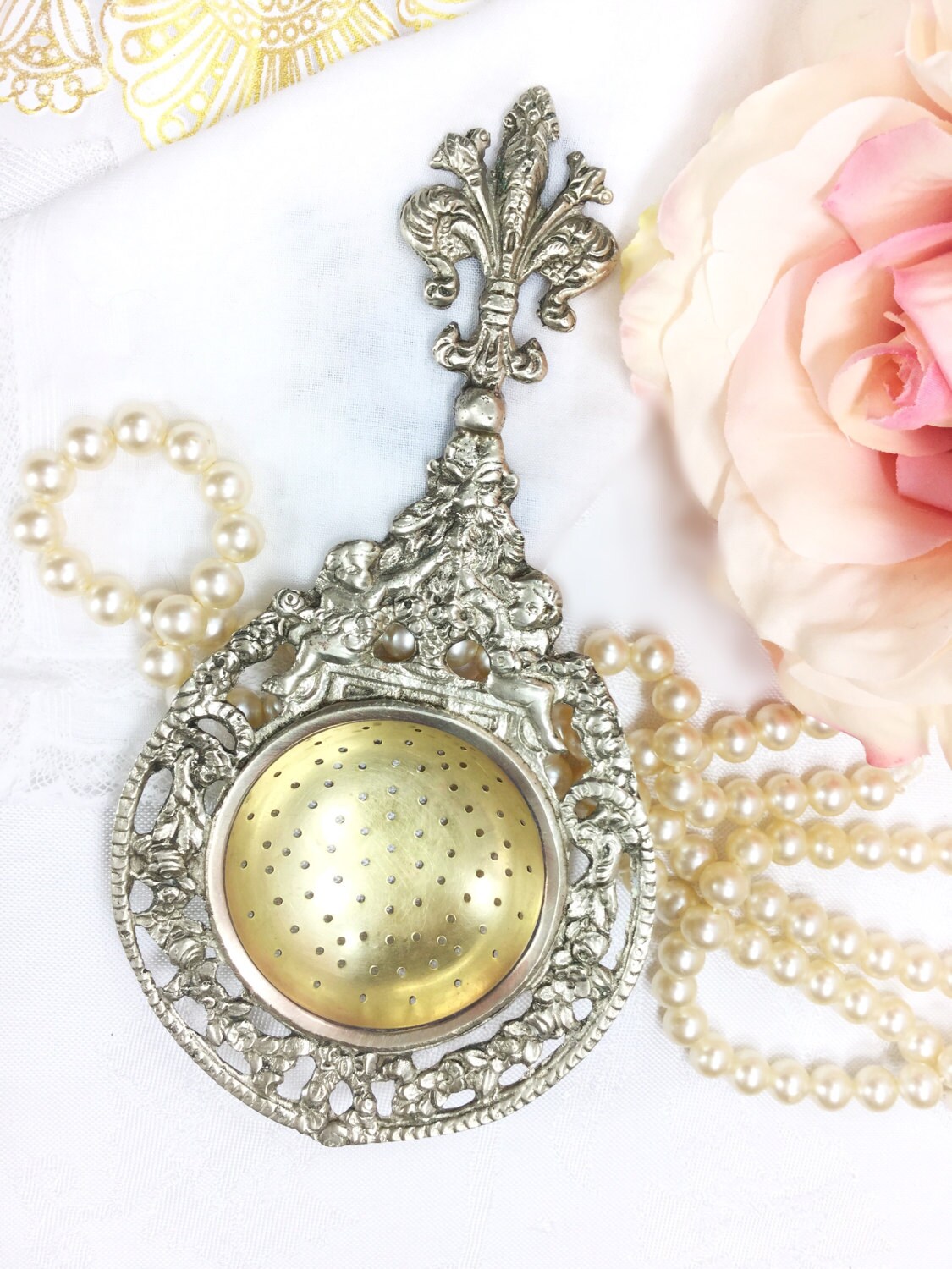RARE Antique Ornate Italian Brass Cherub Tea Strainer, Baroque Tea