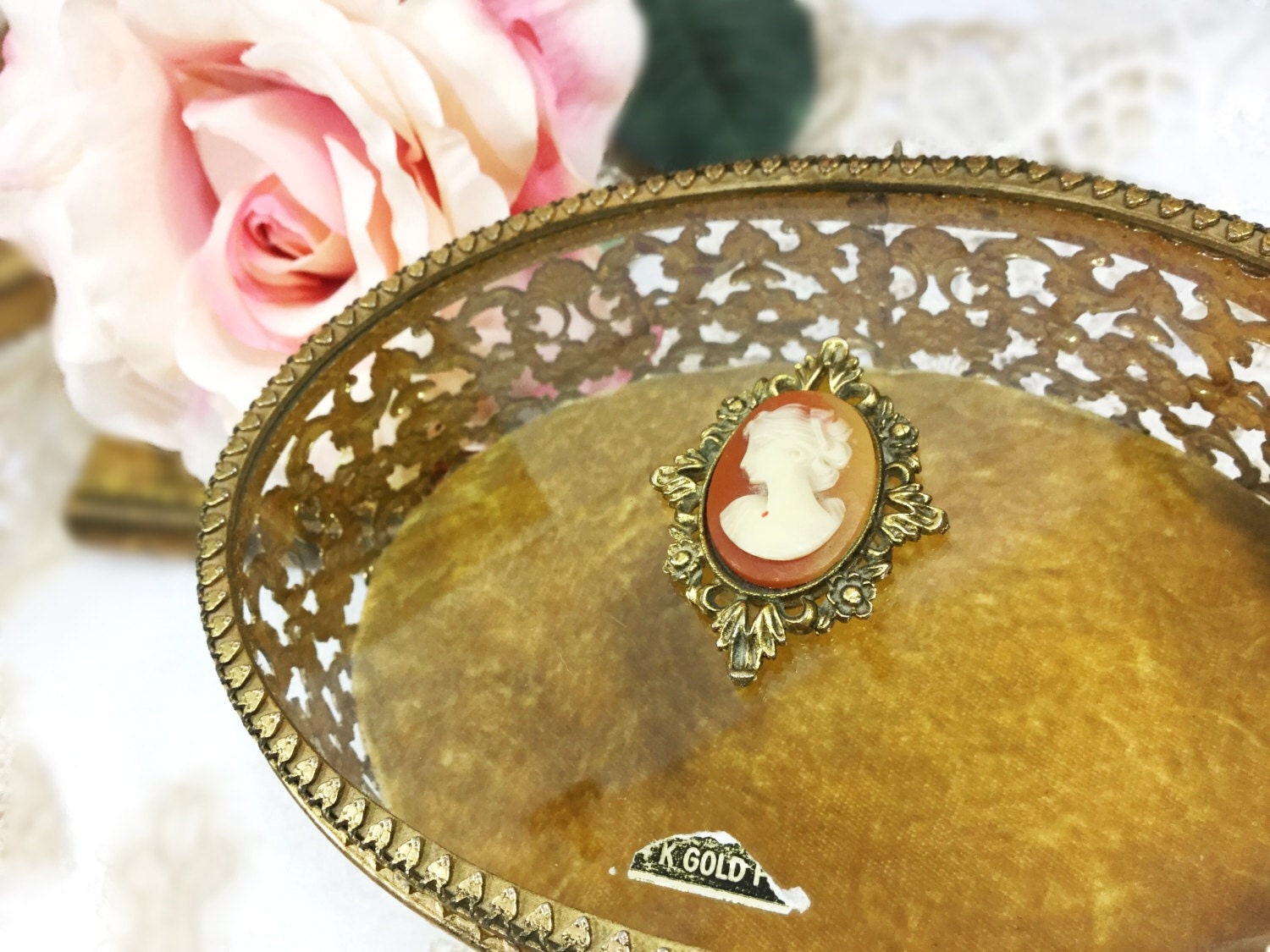 Large Oval Vintage 24 KT. Gold Plated Cameo Filigree Vanity Box