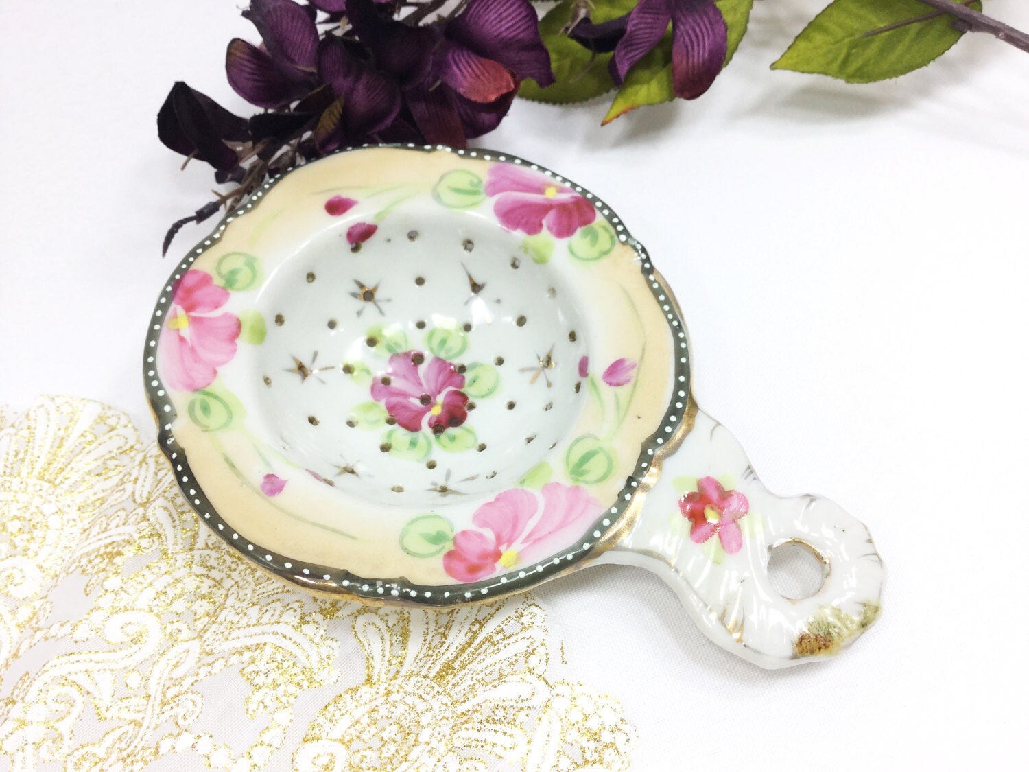 Nippon Inspired Handpainted Vintage Porcelain Tea Strainer For Tea Time