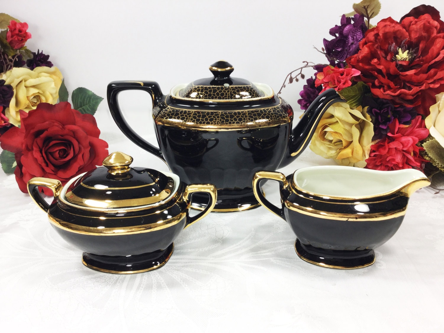 Elegant Vintage Black and Gold Hall Teapot Creamer & Covered Sugar Bowl