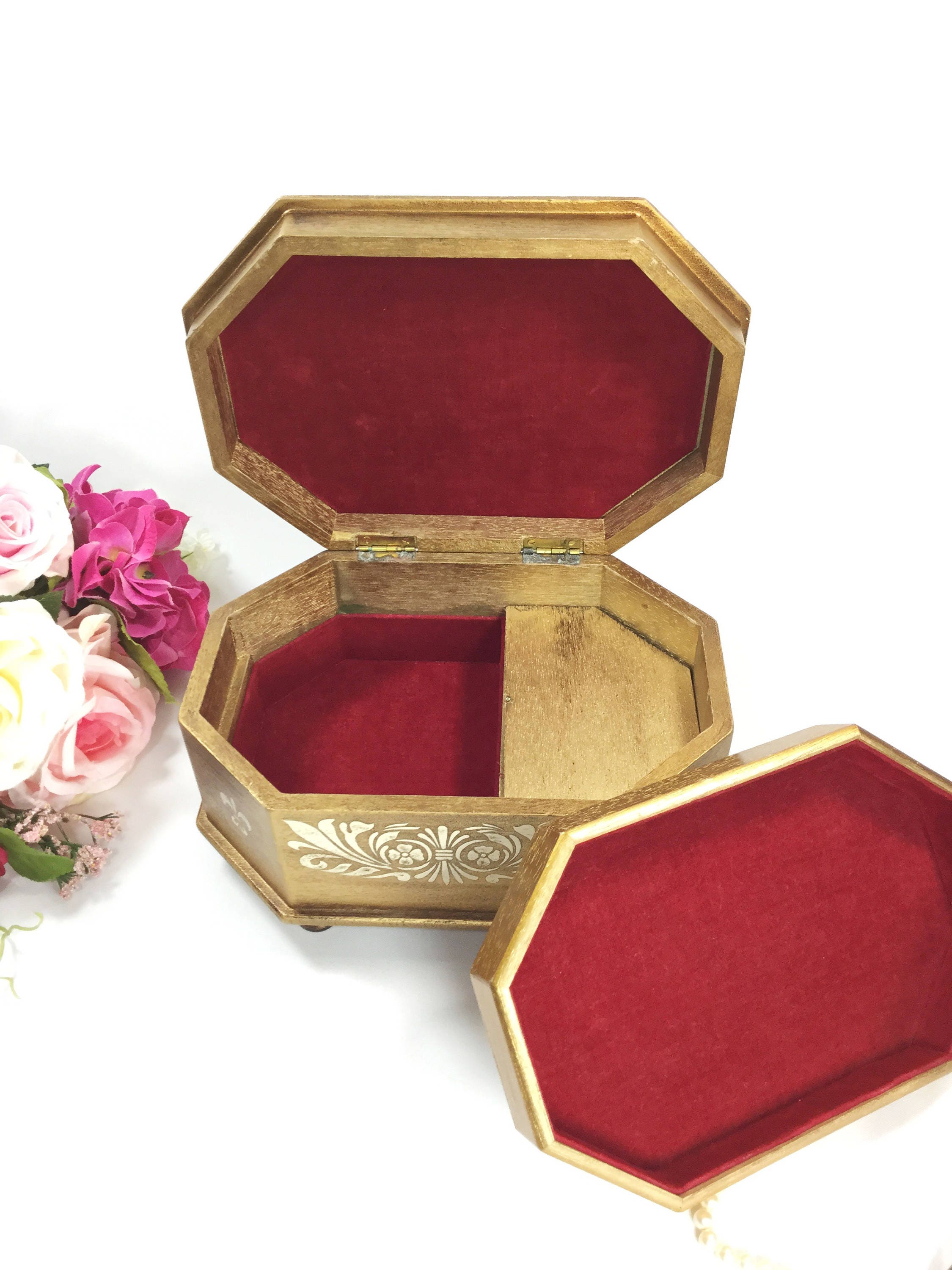 Handpainted Gold Florentine Floral Jewelry Box, Florentine Jewelry Box, Gold Jewelry Box, Gift A988
