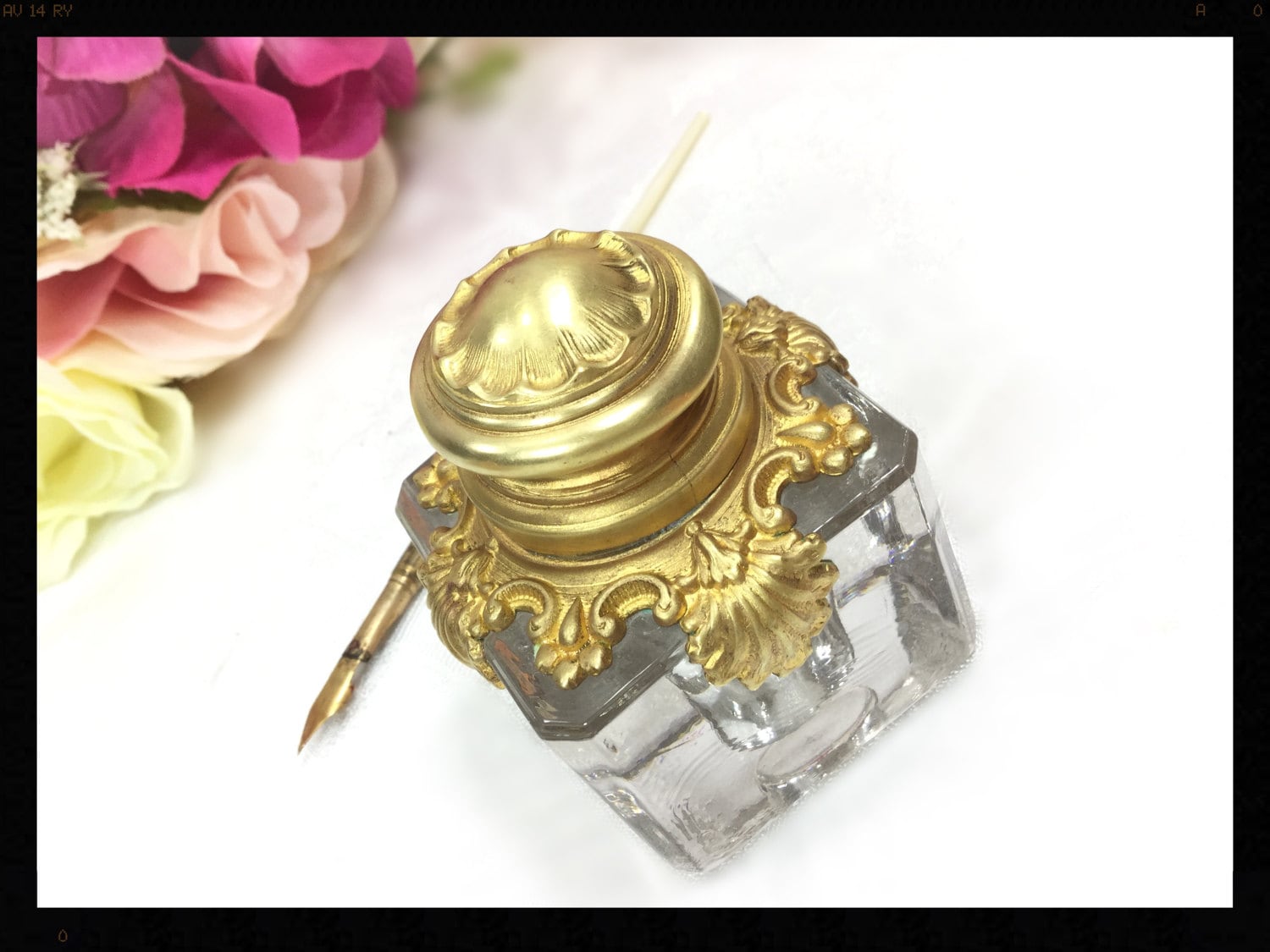 W Sch & Co 1889 Antique Brass Inkwell W/ Pen Tray, Inkwell for Dip Pen