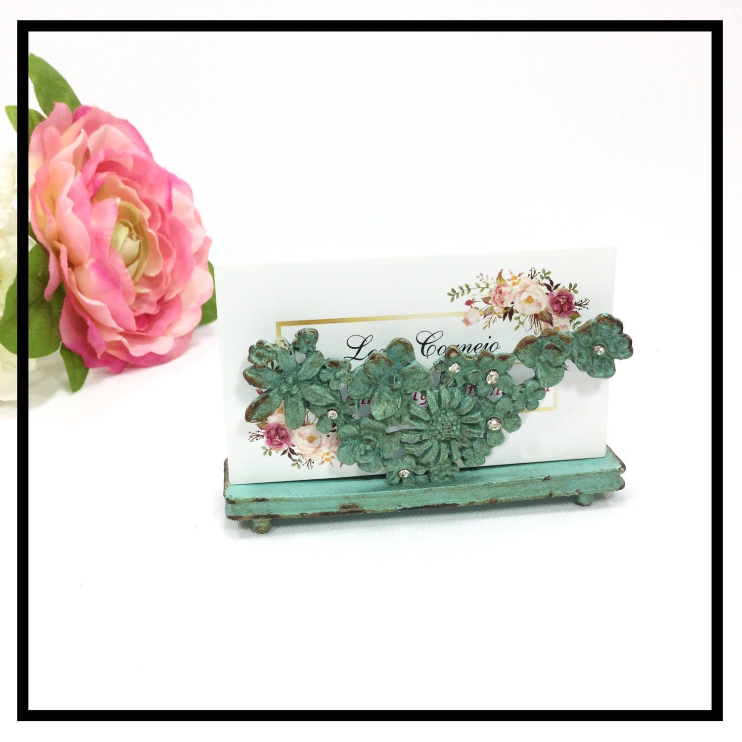 Antique Sea Green Card Holder W/ Scroll & Flower Design, Vintage