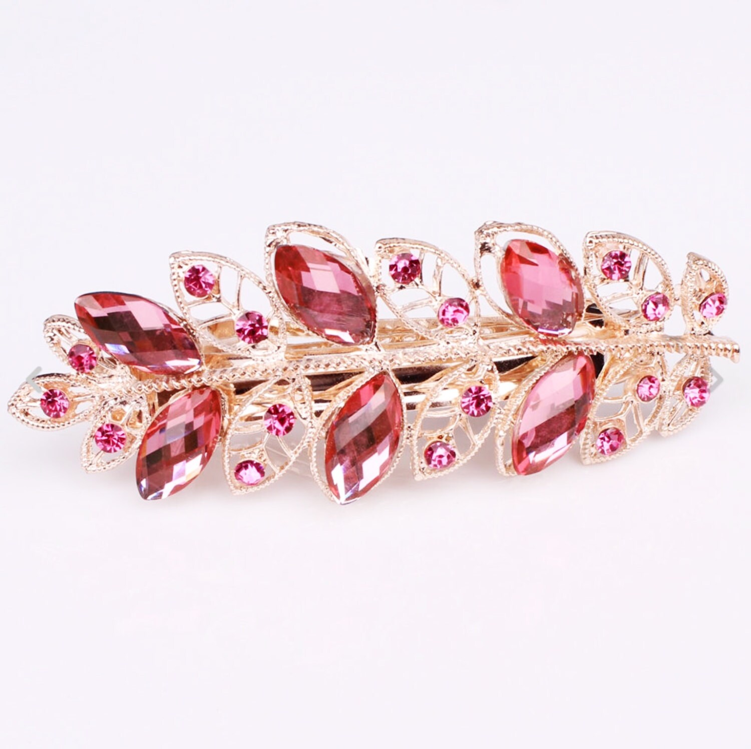 Pink Austrian Crystal Hair Clip, Rose Gold Colored Hair Clip, Pink