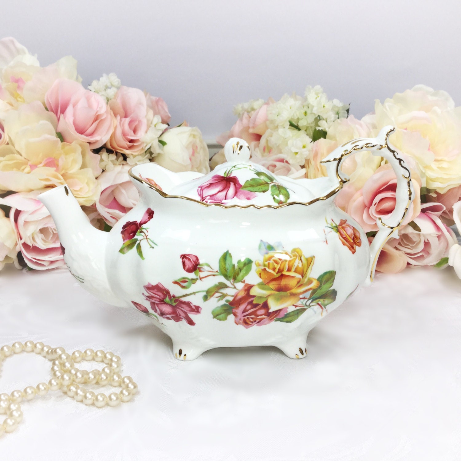 Hammersley Rose Floral Gilt Teapot, English Rose Teapot