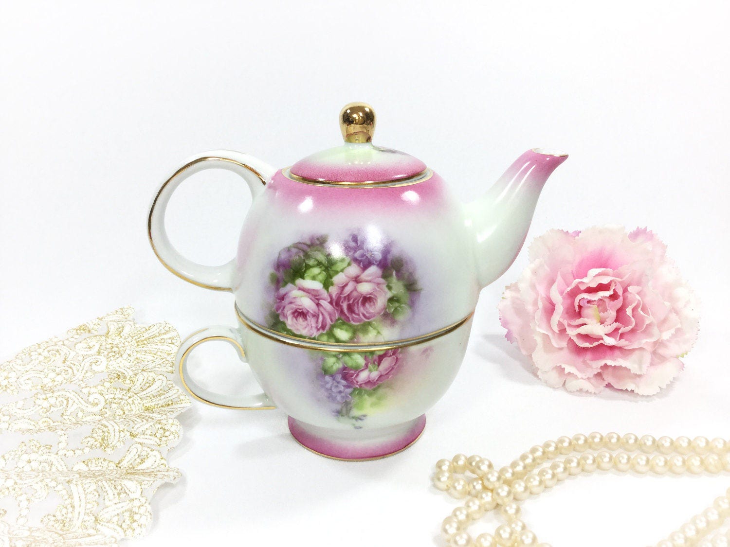 Victorian Inspired Pink Floral Porcelain Tea For One, Single Tea Set, Victoria's Garden Teaset