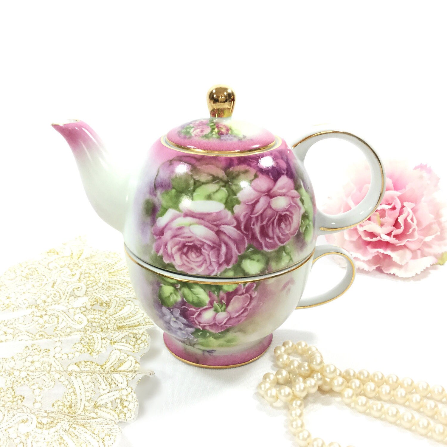 Victorian Inspired Pink Floral Porcelain Tea For One, Single Tea Set