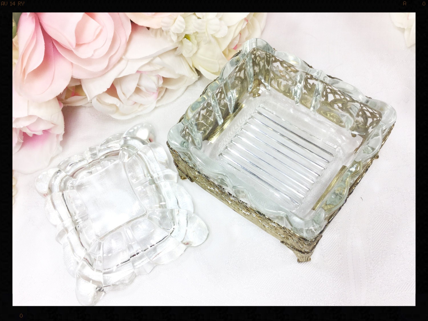 Gold Filigree Vanity Trinket Box For Vintage Vanity Dresser Tray