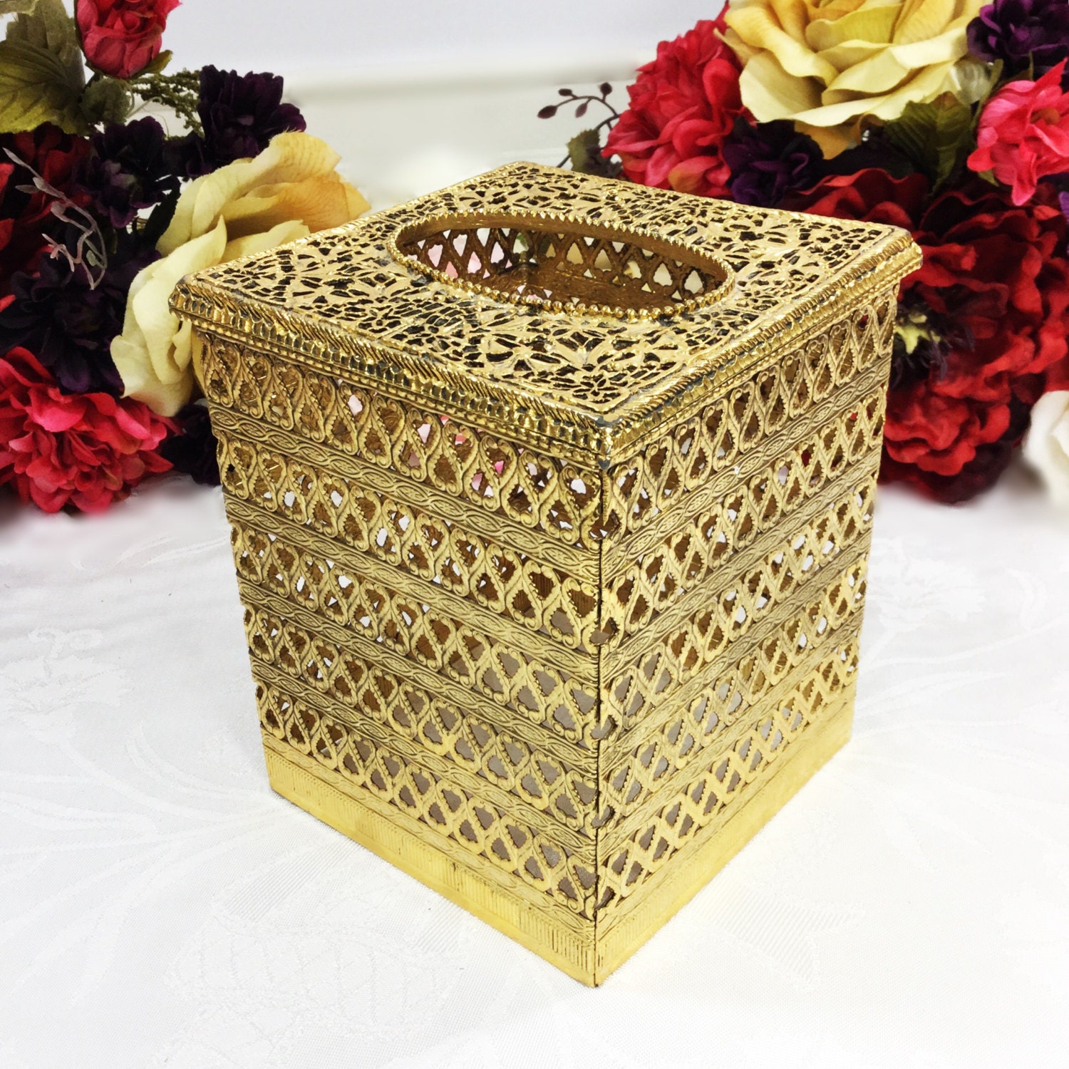 Matson Inspired Ormolu Gold Square Tissue Holder, Gold Filigree Table